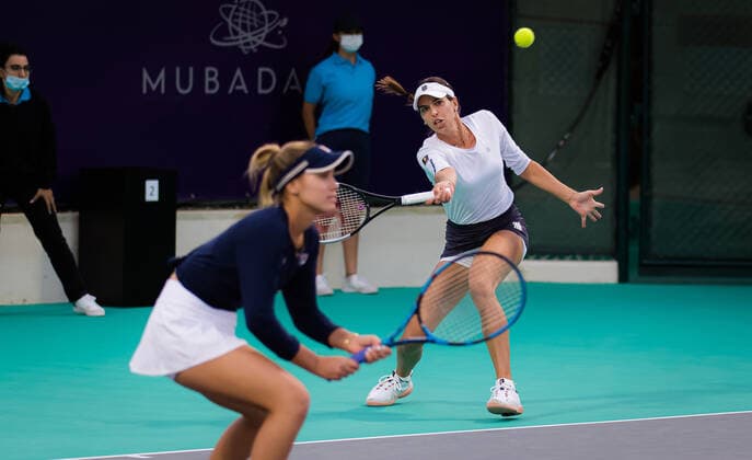 January 8, 2021, Abu Dhabi, UNITED ARAB EMIRATES: Ajla Tomljanovic of Australia & Sofia Kenin of the United States playing doubles at the 2021 Abu Dhabi WTA, Tennis Damen Womens Tennis Open WTA 500 tournament. Abu Dhabi UNITED ARAB EMIRATES - ZUMAa181 20210108_zaa_a181_168 Copyright: xRobxPrangex