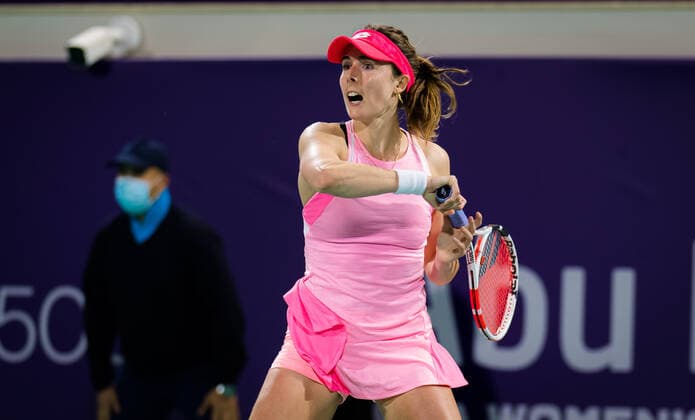 January 8, 2021, Abu Dhabi, UNITED ARAB EMIRATES: Alize Cornet of France in action during her second round match at the 2021 Abu Dhabi WTA, Tennis Damen Womens Tennis Open WTA 500 tournament against Paula Badosa of Spain Abu Dhabi UNITED ARAB EMIRATES - ZUMAa181 20210108_zaa_a181_199 Copyright: xRobxPrangex