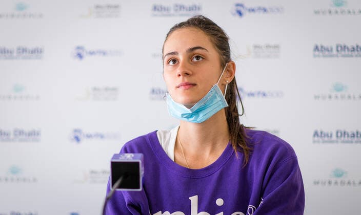 January 9, 2021, Abu Dhabi, UNITED ARAB EMIRATES: Anastasia Gasanova of Russia talks to the media after the second round match at the 2021 Abu Dhabi WTA, Tennis Damen Womens Tennis Open WTA 500 tournament. Abu Dhabi UNITED ARAB EMIRATES - ZUMAa181 20210109_zaa_a181_124 Copyright: xRobxPrangex