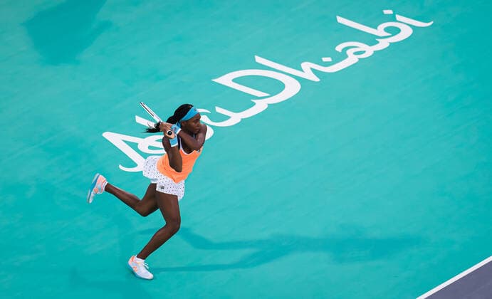 January 9, 2021, Abu Dhabi, UNITED ARAB EMIRATES: Cori Gauff of the United States in action during her second round match at the 2021 Abu Dhabi WTA, Tennis Damen Womens Tennis Open WTA 500 tournament against Maria Sakkari of Greece Abu Dhabi UNITED ARAB EMIRATES - ZUMAa181 20210109_zaa_a181_186 Copyright: xRobxPrangex