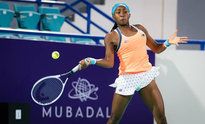 January 9, 2021, Abu Dhabi, UNITED ARAB EMIRATES: Cori Gauff of the United States in action during her second round match at the 2021 Abu Dhabi WTA, Tennis Damen Womens Tennis Open WTA 500 tournament against Maria Sakkari of Greece Abu Dhabi UNITED ARAB EMIRATES - ZUMAa181 20210109_zaa_a181_193 Copyright: xRobxPrangex