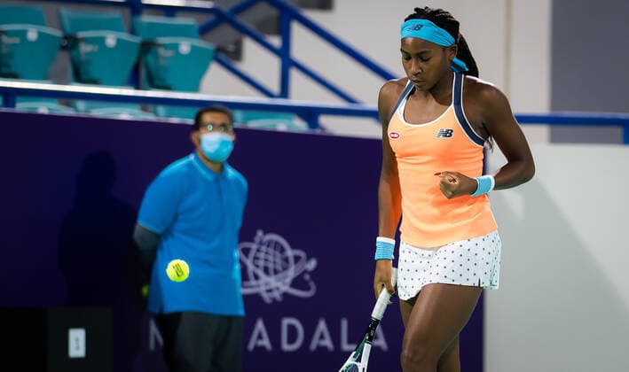 January 9, 2021, Abu Dhabi, UNITED ARAB EMIRATES: Cori Gauff of the United States in action during her second round match at the 2021 Abu Dhabi WTA, Tennis Damen Womens Tennis Open WTA 500 tournament against Maria Sakkari of Greece Abu Dhabi UNITED ARAB EMIRATES - ZUMAa181 20210109_zaa_a181_196 Copyright: xRobxPrangex
