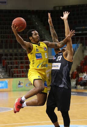 Ludwigsburg , Basketball easyCredit BBL Bundesliga , MHP RIESEN Ludwigsburg vs ratiopharm Ulm , from left Barry Brown Riesen Troy Caupain Ulm