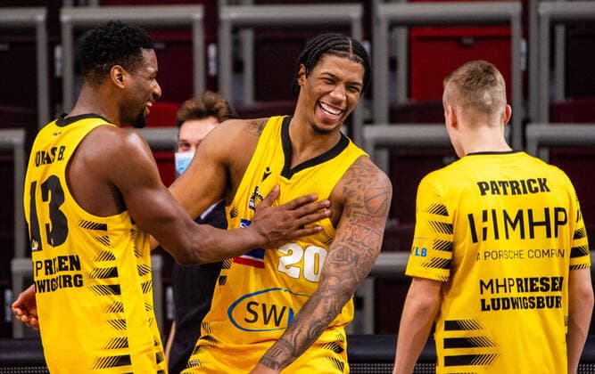 Desi Rodriguez MHP RIESEN Ludwigsburg 20 Yorman Polas Bartolo MHP RIESEN Ludwigsburg 13 1 Basketball Bundesliga MHP RIESEN Ludwigsburg ratiopharm Ulm on 09 01 2021 in Ludwigsburg MHPArena , Baden Wuerttemberg, Germany 09 01 21 Basketball , 09 01 2021, Germany xpxsdx