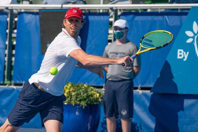 DELRAY BEACH, FL - JANUARY 9: Gianluca Mager (ITA) competes during the second round of singles at the ATP, Tennis Herren Delray Beach Open on January 9, 2021 at the Delray Beach Stadium & Tennis Center in Delray Beach, Florida.(Photo by Aaron Gilbert Icon Sportswire) TENNIS: JAN 09 Delray Beach Open Icon210109001