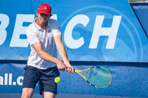 DELRAY BEACH, FL - JANUARY 9: Gianluca Mager (ITA) competes during the second round of singles at the ATP, Tennis Herren Delray Beach Open on January 9, 2021 at the Delray Beach Stadium & Tennis Center in Delray Beach, Florida.(Photo by Aaron Gilbert Icon Sportswire) TENNIS: JAN 09 Delray Beach Open Icon210109010