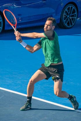 DELRAY BEACH, FL - JANUARY 9: Gianluca Mager (ITA) competes during the second round of singles at the ATP, Tennis Herren Delray Beach Open on January 9, 2021 at the Delray Beach Stadium & Tennis Center in Delray Beach, Florida.(Photo by Aaron Gilbert Icon Sportswire) TENNIS: JAN 09 Delray Beach Open Icon210109024