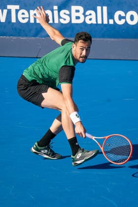 DELRAY BEACH, FL - JANUARY 9: Gianluca Mager (ITA) competes during the second round of singles at the ATP, Tennis Herren Delray Beach Open on January 9, 2021 at the Delray Beach Stadium & Tennis Center in Delray Beach, Florida.(Photo by Aaron Gilbert Icon Sportswire) TENNIS: JAN 09 Delray Beach Open Icon210109041