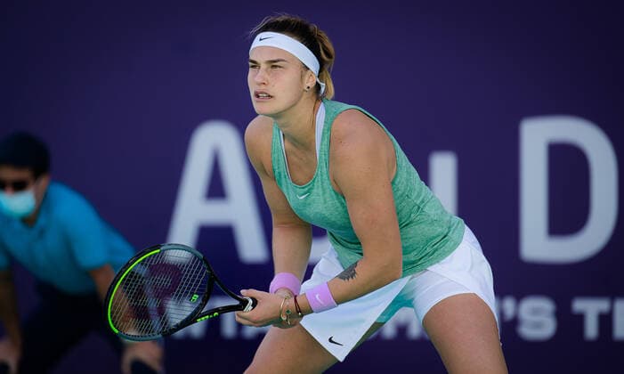 January 10, 2021, Abu Dhabi, UNITED ARAB EMIRATES: Aryna Sabalenka of Belarus in action during her third round match at the 2021 Abu Dhabi WTA, Tennis Damen Womens Tennis Open WTA 500 tournament against Ons Jabeur of Tunisia Abu Dhabi UNITED ARAB EMIRATES - ZUMAa181 20210110_zaa_a181_042 Copyright: xRobxPrangex