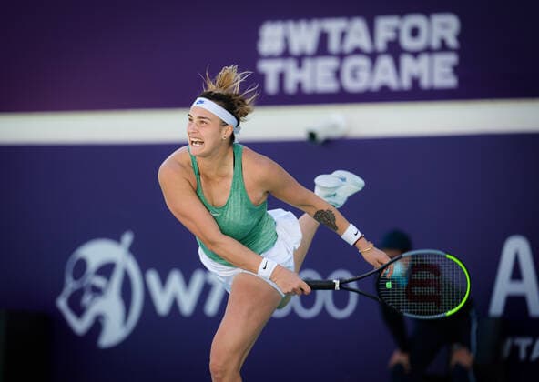 January 11, 2021, Abu Dhabi, UNITED ARAB EMIRATES: Aryna Sabalenka of Belarus in action during her quarter final match at the 2021 Abu Dhabi WTA, Tennis Damen Womens Tennis Open WTA 500 tournament against Elena Rybakina of Kazakhstan Abu Dhabi UNITED ARAB EMIRATES - ZUMAa181 20210111_zaa_a181_011 Copyright: xRobxPrangex
