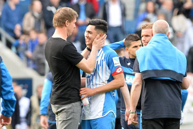 Sinsheim, Germany 30 April 2016 1 BL 15 16 TSG 1899 Hoffenheim vs FC Ingolstadt final cheer emotion joy v li head coach Julian Nagelsmann Hoffenheim with Nadiem Amiri Hoffenheim the goal scorer for the 2 1 winning goal Wirsol Rhein Neckar Arena Baden Wuerttemberg Copyright: xFotostandx xLoerzx