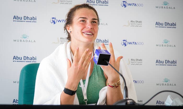 January 11, 2021, Abu Dhabi, UNITED ARAB EMIRATES: Aryna Sabalenka of Belarus talks to the media after her quarter final match at the 2021 Abu Dhabi WTA, Tennis Damen Womens Tennis Open WTA 500 tournament. Abu Dhabi UNITED ARAB EMIRATES - ZUMAa181 20210111_zaa_a181_130 Copyright: xRobxPrangex
