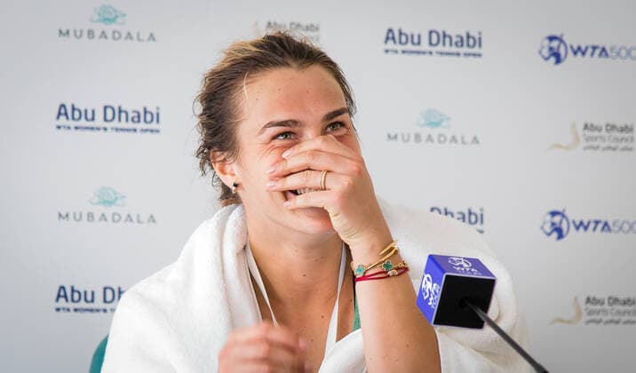 January 11, 2021, Abu Dhabi, UNITED ARAB EMIRATES: Aryna Sabalenka of Belarus talks to the media after her quarter final match at the 2021 Abu Dhabi WTA, Tennis Damen Womens Tennis Open WTA 500 tournament. Abu Dhabi UNITED ARAB EMIRATES - ZUMAa181 20210111_zaa_a181_131 Copyright: xRobxPrangex