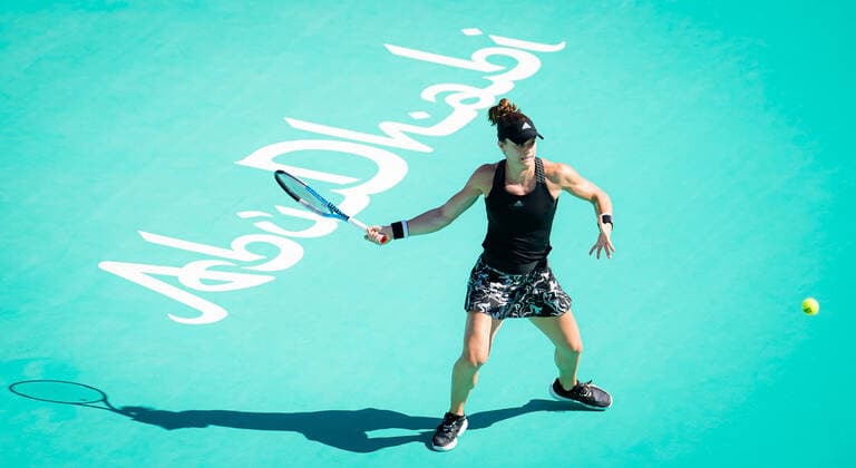 January 12, 2021, Abu Dhabi, UNITED ARAB EMIRATES: Maria Sakkari of Greece in action during her semifinal match at the 2021 Abu Dhabi WTA, Tennis Damen Womens Tennis Open WTA 500 tournament against Aryna Sabalenka of Belarus Abu Dhabi UNITED ARAB EMIRATES - ZUMAa181 20210112_zaa_a181_014 Copyright: xRobxPrangex