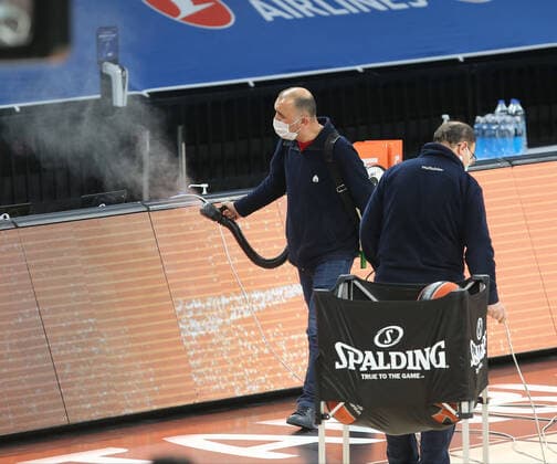 Sinan Erdem Arena has been sanitized before the Anadolu Efes vs Alba Berlin Euroleague Basketball match , Istanbul , Turkey on January 12 , 2021. 