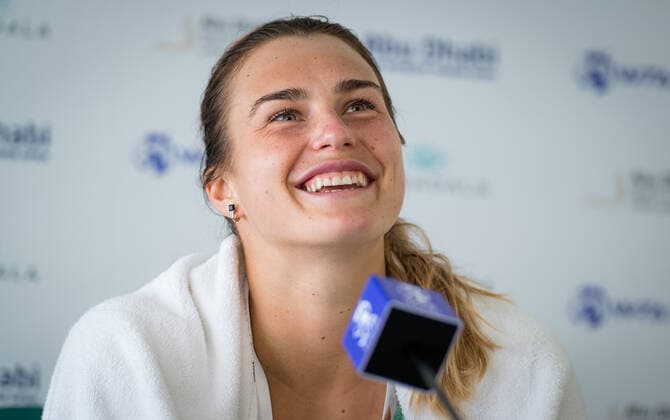 January 12, 2021, Abu Dhabi, UNITED ARAB EMIRATES: Aryna Sabalenka of Belarus talks to the media after winning her semifinal match at the 2021 Abu Dhabi WTA, Tennis Damen Womens Tennis Open WTA 500 tournament. Abu Dhabi UNITED ARAB EMIRATES - ZUMAa181 20210112_zaa_a181_082 Copyright: xRobxPrangex