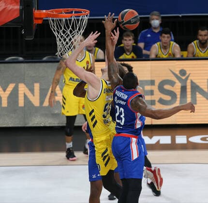 James Anderson (23) of Anadolu Efes and Ben Lammers (50) of Alba Berlin during the Turksih Airlines Euroleague Basketball match between Anadolu Efes and Alba Berlin at Sinan Erdem Arena in Istanbul , Turkey on January 12 , 2021. 
