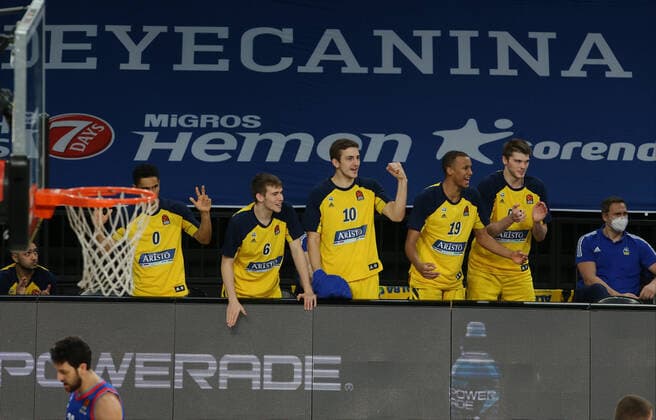 Maodo Lo (0) , Malte Delow (6) , Tim Schneider (10) , Louis Olinde (19) and Ben Lammers (50) of Alba Berlin during the Turksih Airlines Euroleague Basketball match between Anadolu Efes and Alba Berlin at Sinan Erdem Arena in Istanbul , Turkey on January 12 , 2021. 