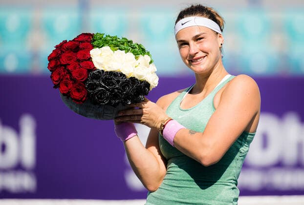 January 13, 2021, Abu Dhabi, UNITED ARAB EMIRATES: Aryna Sabalenka of Belarus poses with flowers after winning the final of the 2021 Abu Dhabi WTA, Tennis Damen Womens Tennis Open WTA 500 tournament against Veronika Kudermetova of Russia Abu Dhabi UNITED ARAB EMIRATES - ZUMAa181 20210113_zaa_a181_011 Copyright: xRobxPrangex