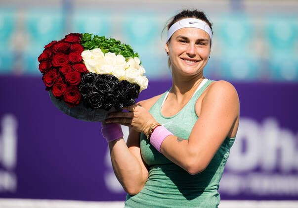 January 13, 2021, Abu Dhabi, United Arab Emirates: ARYNA SABALENKA of Belarus poses with flowers after winning the final of the 2021 Abu Dhabi WTA, Tennis Damen Women s Tennis Open WTA 500 tournament against V. Kudermetova of Russia. Sabalenka won 6:2, 6:2. Abu Dhabi UNITED ARAB EMIRATES - ZUMAa181 20210113_zaa_a181_014 Copyright: xRobxPrangex