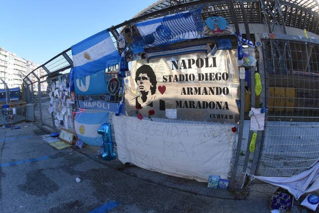 Naples in memory of Maradona outside the curve B in the stadium dedicated to Diego Armando Maradona during SSC Napoli vs Empoli FC, Italian football Coppa Italia match in Naples, Italy, January 13 2021  Copyright: xLiveMedia RenatoxOlimpiox xIPAx xLiveMediax 0