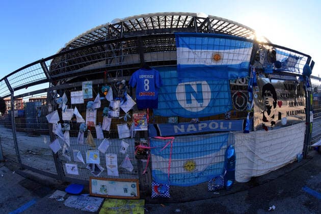 Naples in memory of Maradona outside the curve B in the stadium dedicated to Diego Armando Maradona during SSC Napoli vs Empoli FC, Italian football Coppa Italia match in Naples, Italy, January 13 2021  Copyright: xLiveMedia RenatoxOlimpiox xIPAx xLiveMediax 0