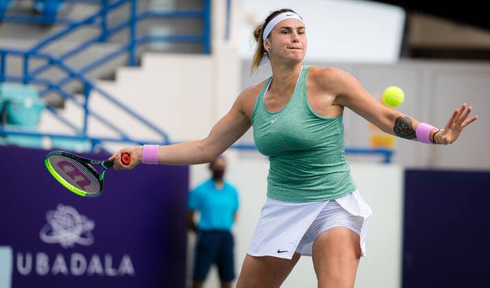 January 13, 2021, Abu Dhabi, UNITED ARAB EMIRATES: Aryna Sabalenka of Belarus in action during the final of the 2021 Abu Dhabi WTA, Tennis Damen Womens Tennis Open WTA 500 tournament against Veronika Kudermetova of Russia Abu Dhabi UNITED ARAB EMIRATES - ZUMAa181 20210113_zaa_a181_044 Copyright: xRobxPrangex