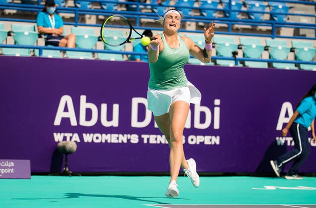 January 13, 2021, Abu Dhabi, UNITED ARAB EMIRATES: Aryna Sabalenka of Belarus in action during the final of the 2021 Abu Dhabi WTA, Tennis Damen Womens Tennis Open WTA 500 tournament against Veronika Kudermetova of Russia Abu Dhabi UNITED ARAB EMIRATES - ZUMAa181 20210113_zaa_a181_046 Copyright: xRobxPrangex