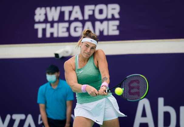January 13, 2021, Abu Dhabi, UNITED ARAB EMIRATES: Aryna Sabalenka of Belarus in action during the final of the 2021 Abu Dhabi WTA, Tennis Damen Womens Tennis Open WTA 500 tournament against Veronika Kudermetova of Russia Abu Dhabi UNITED ARAB EMIRATES - ZUMAa181 20210113_zaa_a181_049 Copyright: xRobxPrangex