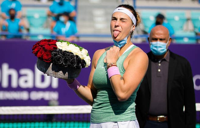 January 13, 2021, Abu Dhabi, UNITED ARAB EMIRATES: Veronika Kudermetova of Russia & Aryna Sabalenka of Belarus with their trophy flowers after the final of the 2021 Abu Dhabi WTA, Tennis Damen Womens Tennis Open WTA 500 tournament against Veronika Kudermetova of Russia Abu Dhabi UNITED ARAB EMIRATES - ZUMAa181 20210113_zaa_a181_063 Copyright: xRobxPrangex