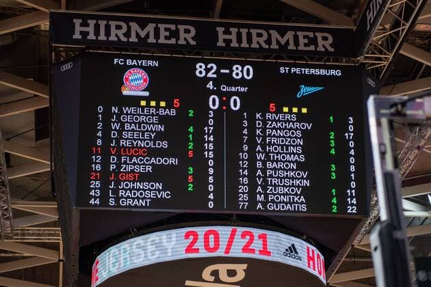 Scoreboard 82 80 for FC Bayern Bassketball, FC Bayern Basketball vs Zenit St Petersburg, Basketball, Euroleague, 13 01 2021 Muenchen Bayern Germany Copyright: xkolbert-press UlrichxGamelx