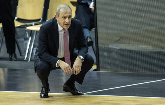 Basketball Euroleague, Alba Berlin AX Armani Exchange Milan, Main Round, Matchday 20, Mercedes Benz Arena Head Coach Ettore Messina of Milan squats on the sidelines ALBA Berlin vs Armani Milan