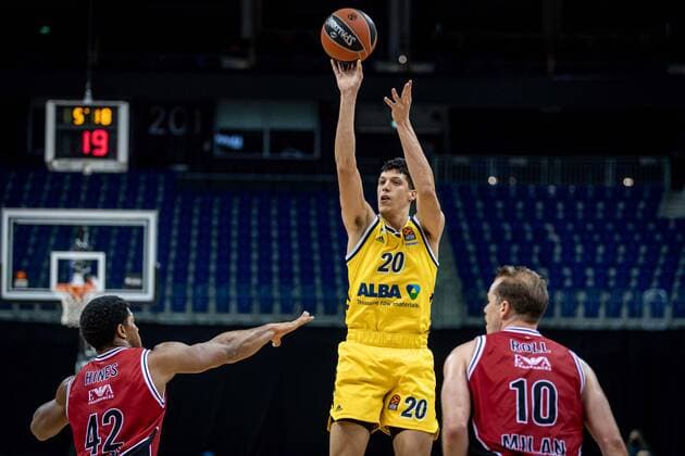 Basketball Berlin 14 01 2021 Season 2020 2021 Euroleague Regular Season Alba Berlin vs AX Armani Exchange Milan Simone Fontecchio Alba Berlin, No 20 Kyle Hines Milan, No 42 Michael Roll Milan, No 10