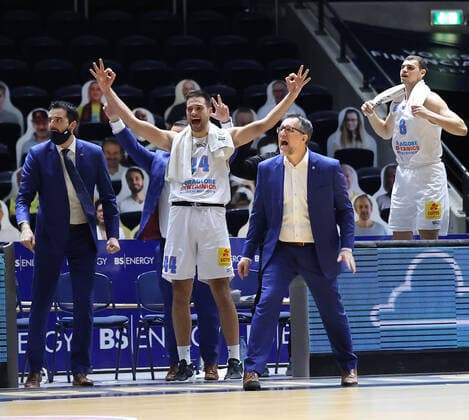 Benedikt Turudic Syntainics MBC , Headcoach Silvano Poropat Syntainics MBC celebrate the victory in Braunschweig