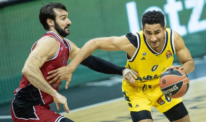 Basketball Euroleague, Alba Berlin AX Armani Exchange Milan, Main Round, 20 Matchday, Mercedes Benz Arena ALBAs Maodo Lo r fights for the ball against Riccardo Moraschini of Milan ALBA Berlin vs Armani Milan