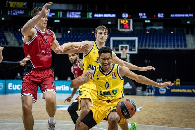 Basketball Berlin 14 01 2021 Season 2020 2021 Euroleague Regular Season Alba Berlin vs AX Armani Exchange Milan Maodo Lo Alba Berlin, No 00 Tim Schneider Alba Berlin, No 10 Kaleb Tarczewski Milan, No 15