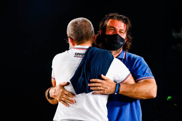 Castera David, Director of the Dakar Rally, Le Moenner Yann during the finishing podium ceremony at the King Abdullah International Stadium in Jeddah, in Saudi Arabia on January 15, 2021 AUTOMOBILE : DAKAR 2021 - Arabie saoudite - Podiums - 15 01 2021 DPPI Panoramic 
