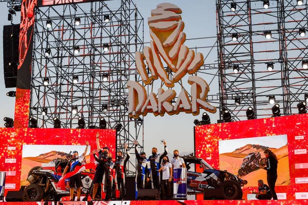 430 Goczal Marek (pol), Marton Rafal (pol), Can-Am, Enrgylandia Rally Team, SSV Series - T4, portrait during the finishing podium ceremony at the King Abdullah International Stadium in Jeddah, in Saudi Arabia on January 15, 2021 AUTOMOBILE : DAKAR 2021 - Arabie saoudite - Podiums - 15 01 2021 DPPI Panoramic 