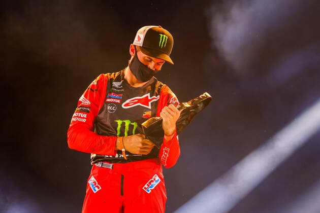 Benavides Kevin (arg), Honda, Monster Energy Honda Team 2021, Motul, Moto, Bike, portrait during the finishing podium ceremony at the King Abdullah International Stadium in Jeddah, in Saudi Arabia on January 15, 2021 AUTOMOBILE : DAKAR 2021 - Arabie saoudite - Podiums - 15 01 2021 DPPI Panoramic 