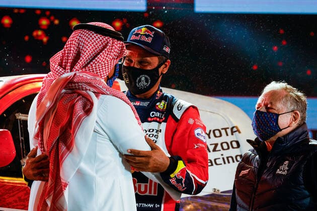 during the finishing podium ceremony at the King Abdullah International Stadium in Jeddah, in Saudi Arabia on January 15, 2021 AUTOMOBILE : DAKAR 2021 - Arabie saoudite - Podiums - 15 01 2021 DPPI Panoramic 