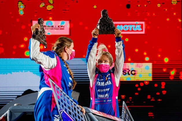 391 Liparoti Camelia (ita), Fischer Annett (deu), Yamaha, X-Raid Yamha Racing Rally Supported Team, Light Weight Vehicles Prototype - T3, portrait during the finishing podium ceremony at the King Abdullah International Stadium in Jeddah, in Saudi Arabia on January 15, 2021 AUTOMOBILE : DAKAR 2021 - Arabie saoudite - Podiums - 15 01 2021 DPPI Panoramic 