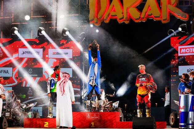 Enrico Giovanni (chl), Yamaha, Enrico Racing Team, Quad, Andujar Manuel (arg), Yamaha, 7240 Team, Quad, Copetti Pablo (usa), Yamaha, MX Devesa By Berta, Motul, Quad, portrait during the finishing podium ceremony at the King Abdullah International Stadium in Jeddah, in Saudi Arabia on January 15, 2021 AUTOMOBILE : DAKAR 2021 - Arabie saoudite - Podiums - 15 01 2021 DPPI Panoramic