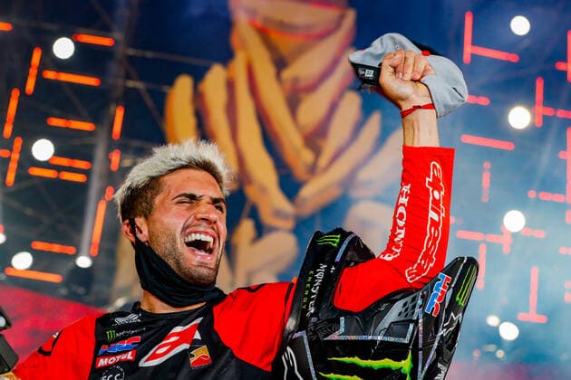 Benavides Kevin (arg), Honda, Monster Energy Honda Team 2021, Motul, Moto, Bike, portrait during the finishing podium ceremony at the King Abdullah International Stadium in Jeddah, in Saudi Arabia on January 15, 2021 AUTOMOBILE : DAKAR 2021 - Arabie saoudite - Podiums - 15 01 2021 DPPI Panoramic 