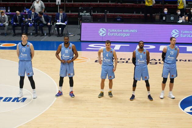 Of The Russian Federation. Saint-Petersburg. Sibur Arena. Basketball. The Regular Season. Euroleague 2020 2021, BC Zenit - BC Zalgiris. Player of the basketball club Zenit Arturas Gudaitis, Kevin Pangos. MaksimxKonstantinov