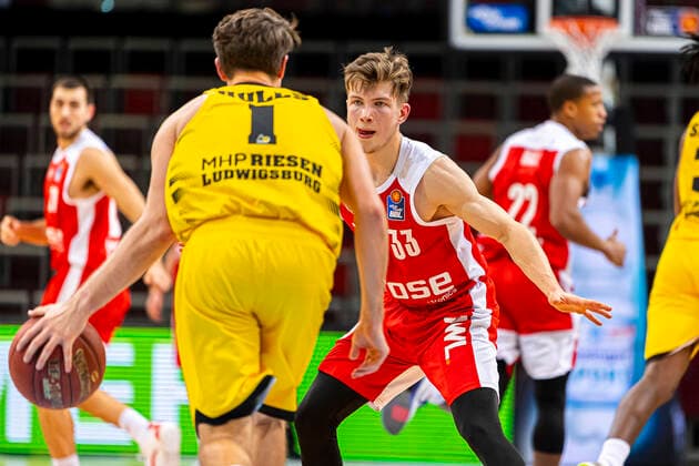 Ludwigsburg, Germany 16 January 2021 BBL 20 21 MHP Riesen Ludwigsburg vs Brose Bamberg Jordan Hulls Ludwigsburg , Bennet Hundt Bamberg Ludwigsburg MHP Arena Baden Württemberg Germany