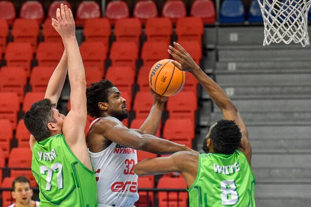 (L-R) Muhsin Yasar of Bursa, Retin Obasohan of Nymburk and D. J. White of Bursa during the men s Basketball League 6th round, B group match Nymburk vs Bursa in Nymburk, Czech Republic, January 19, 2021. (CTKxPhoto VitxSimanek) CTKPhotoP202101190922101  VIS 002