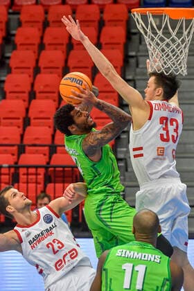 (L-R) Lukas Palyza of Nymburk, DeVaughn Akoon-Purcell of Bursa and Stephen Zimmerman of Nymburk in action during the men s Basketball League 6th round, B group match Nymburk vs Bursa in Nymburk, Czech Republic, January 19, 2021. (CTKxPhoto VitxSimanek) CTKPhotoP202101191010801  VIS 005