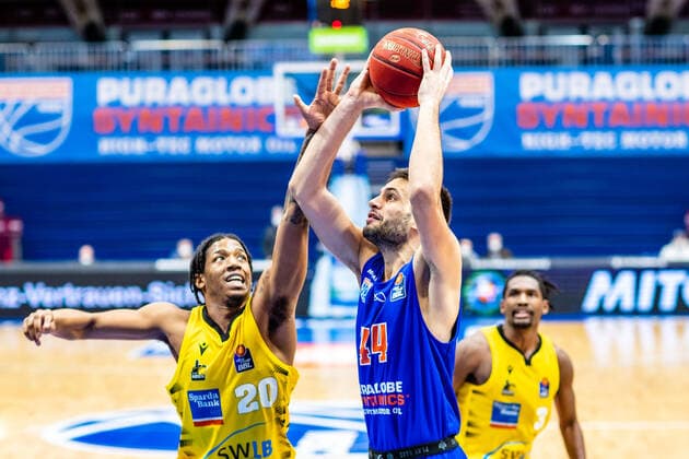 Benedikt Turudic 44 Symtainics MBC , Desi Rodriguez 20 MHP Riesen Ludwigsburg during the match Season 2020 2021 Men in the EasyCredit Bundesliga between Syntainics MBC and MHP Riesen Ludwigsburg at Stadthalle Weissenfels on 23 January 2021 in Weissenfels, Sachsen Anhalt, Germany