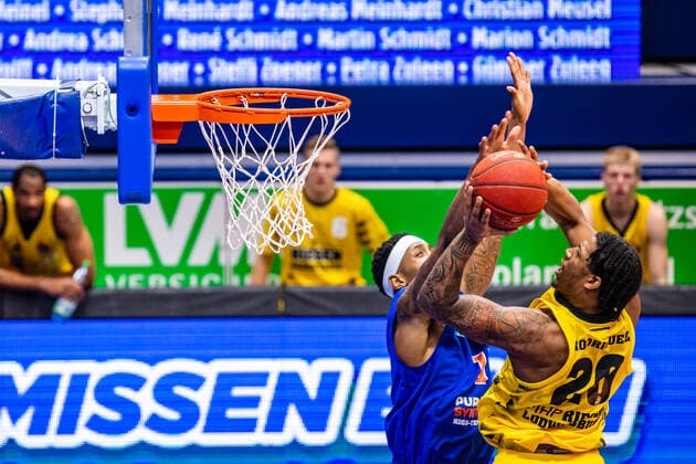 Desi Rodriguez 20 MHP Riesen Ludwigsburg , Kyndahl Hill 11 Syntainics MBC during the match Season 2020 2021 Men in the EasyCredit Bundesliga between Syntainics MBC and MHP Riesen Ludwigsburg at Stadthalle Weissenfels on 23 January 2021 in Weissenfels, Sachsen Anhalt, Germany
