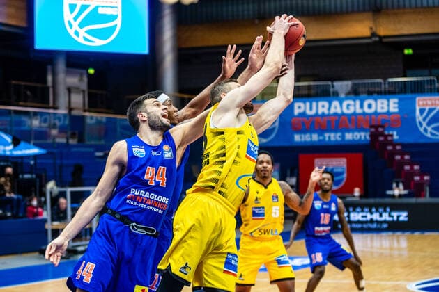 Benedikt Turudic 44 Symtainics MBC during the match Season 2020 2021 Men in the EasyCredit Bundesliga between Syntainics MBC and MHP Riesen Ludwigsburg at Stadthalle Weissenfels on 23 January 2021 in Weissenfels, Saxony Anhalt, Germany